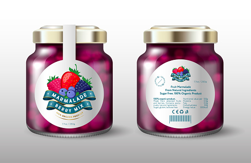 Berry mix marmalade. Strawberry, dewberry, blueberry and raspberry with silk ribbons. White round label for sweet preservation. Mock up of a glass jar with a label.