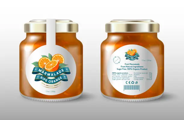 Vector illustration of Orange marmalade. Juicy orange and silk ribbons. White round label for sweet preservation. Mock up of a glass jar with a label.