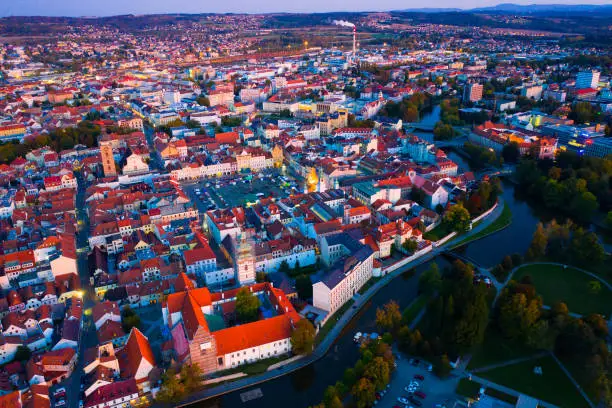 Aerial view of historic center of Ceske Budejovice overlooking large Ottokar II Square at twilight, South Bohemia Region, Czech Republic