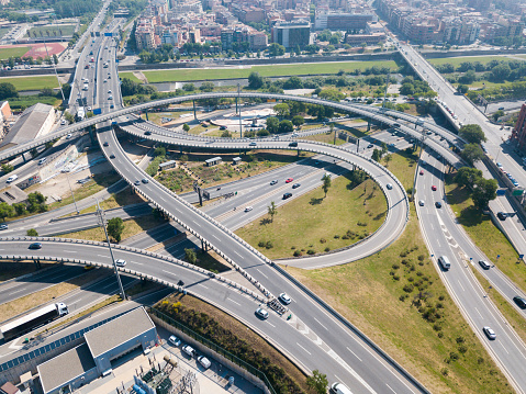 Aerial view of Barcelona flyover interchange in summer day, Spain