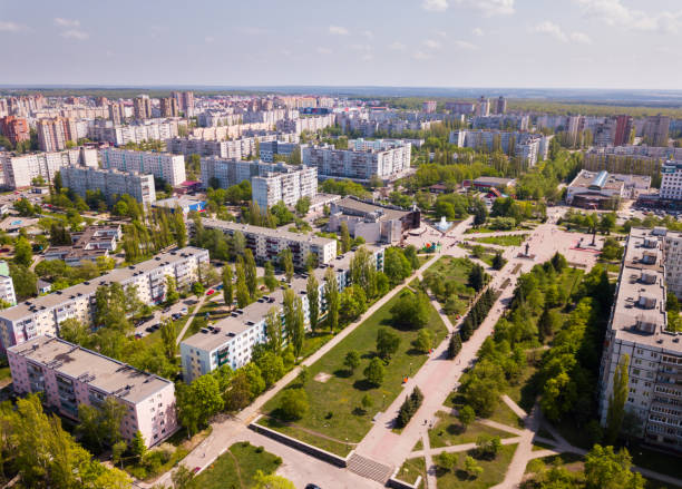 View from drone of Stary Oskol Aerial panoramic view of Stary Oskol cityscape in summer day, Russia territorial stock pictures, royalty-free photos & images