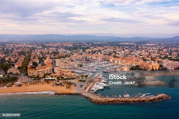 Aerial Cityscape Of France City Frejus With Yachts In Harbor Stock Photo - Download Image Now