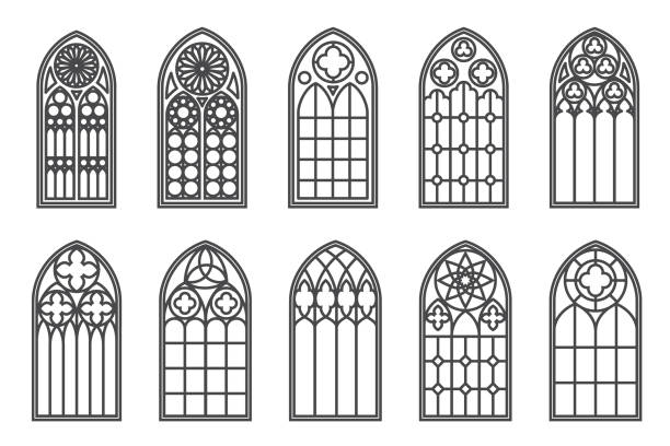 ilustraciones, imágenes clip art, dibujos animados e iconos de stock de iglesia medieval de ventanas. elementos de arquitectura de estilo gótico antiguo. ilustración de contorno vectorial sobre fondo blanco. - stained glass church window glass