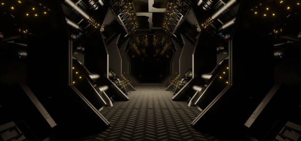 istock Flying in a spaceship tunnel. Sci-Fi futuristic space corridor background. 3D Rendering 1420079223