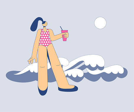 Girl in a polka-dot swimsuit with a glass of soda on the beach. Stylized vector illustration of summer landscape