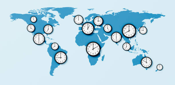mapa del mundo, concepto de zonas horarias - mapa de husos horarios fotografías e imágenes de stock
