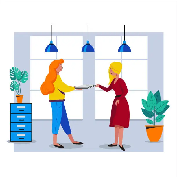 Vector illustration of Two women working in friendly open space workplace. Coworking, freelance, teamwork, communication, interaction, idea, independent activity concept. Vector illustration on gray background