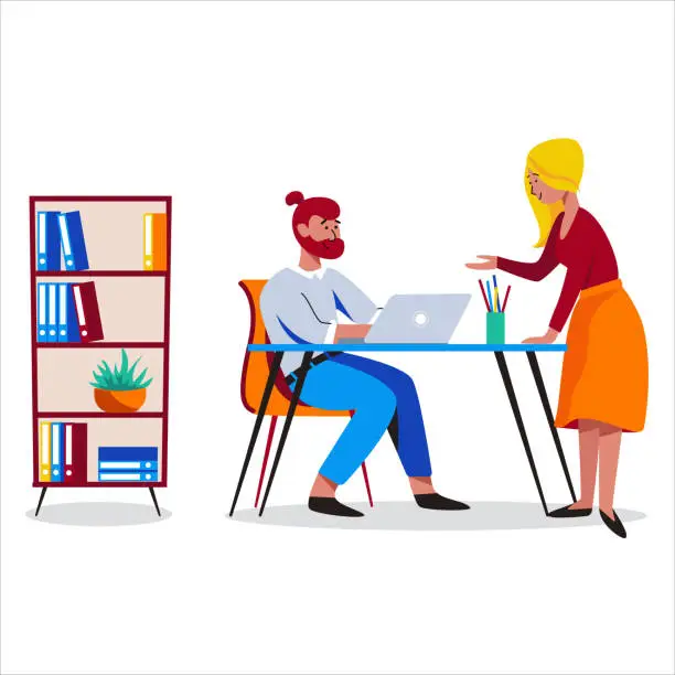 Vector illustration of Man and woman working in friendly open space workplace. Coworking, freelance, teamwork, communication, interaction, idea, independent activity concept. Vector illustration on white background