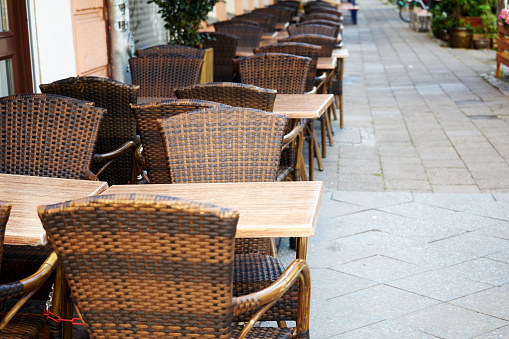 Empty tables in a café on the street during quarantine against coronavirus—Covid-19, Berlin, Germany