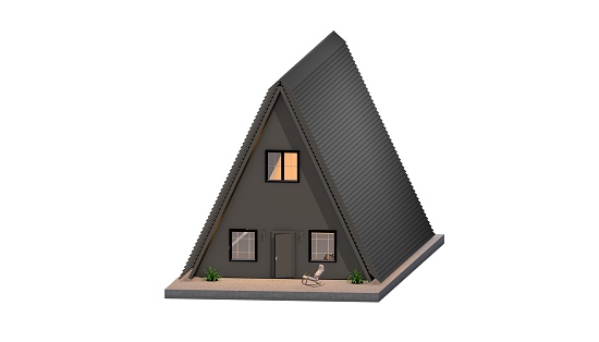 Tiny house 3D rendering. Nice minimalistic modern house. Real estate concept. Houses in the forest in nature.