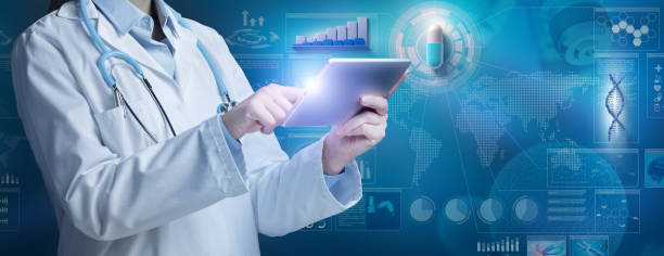 istock Doctor touching digital tablet in pharmaceutical background. 1420089901