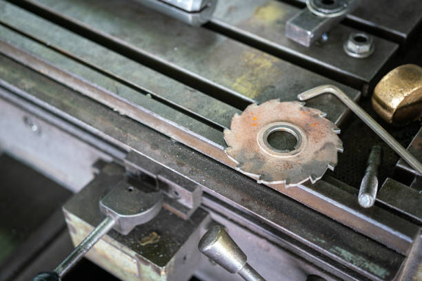 istock Cutting blade on the CNC lathe machinery workbench. 1420089952