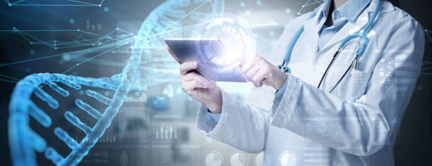 istock Medicine doctor using tablet pc in futuristic genetics lab. 1420089986