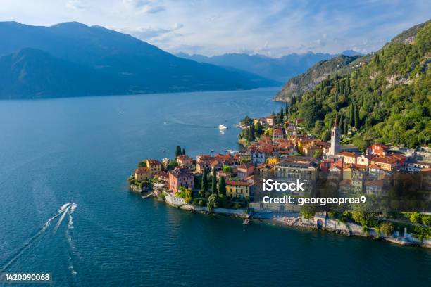 Village Of Varenna On Como Lake In Italy Varenna By Lake Como In Italy Aerial View Of The Old Town With The Church Of San Giorgio In The Central Square Famous Mountain Lake In Italy Stock Photo - Download Image Now