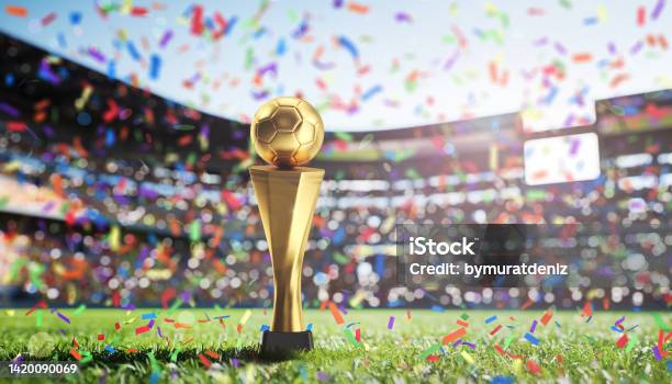 Golden Cup In Football Stadium Stock Photo - Download Image Now - International Soccer Event, Soccer, Trophy - Award