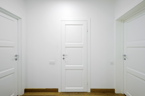 White interior doors in the white corridor of the apartment