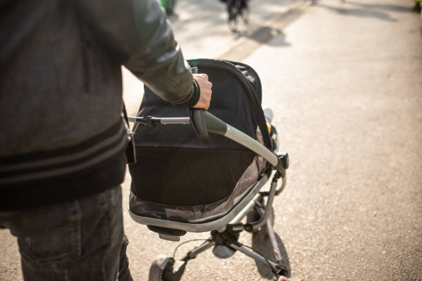 istock Man pushing toddler in a stroller 1420090376