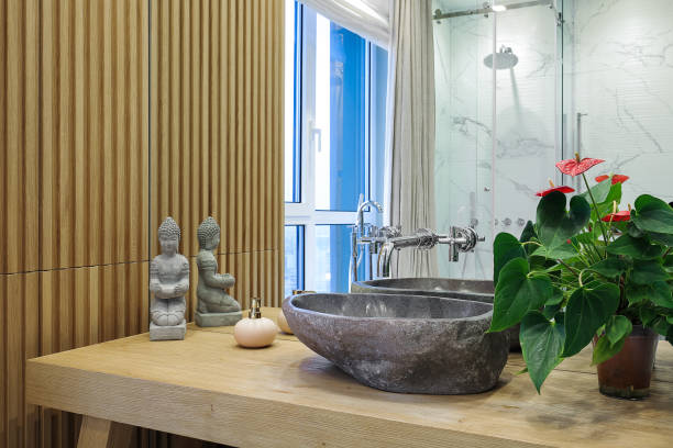 istock Stone washbasin with faucet in the bathroom 1420090683