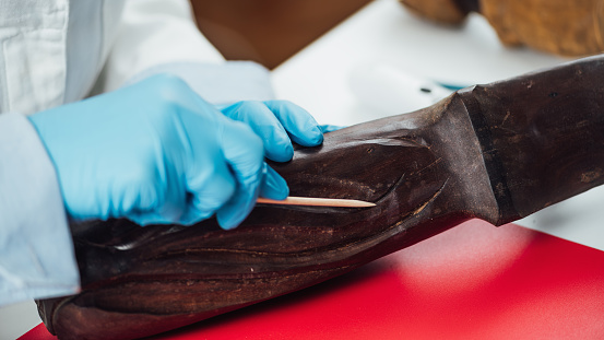 Wood Sculpture Restoration. Female hand in protective gloves preparing wood sculpture for repair