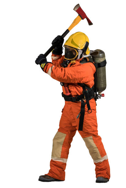 istock Fireman with a mask and equipment  on his back in a fully protective suit on a white background 1420093965