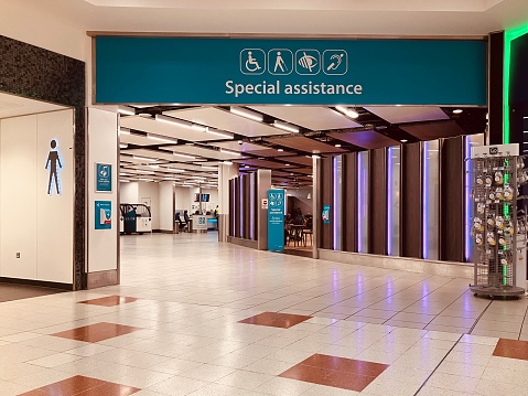 An empty Special assistant area of the airport, Gatwick Airport North Terminal on the 1st of September 2022. Gatwick Airport, also known as London Gatwick, is a major international airport near Crawley, West Sussex, England, 29.5 miles south of Central London