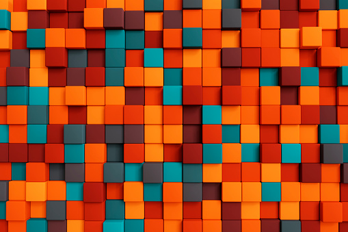 Colorful abstract geometric 3d background with cubes elements and colors for your design. Abstract cubes from tetris game. 3d rendering illustration.
