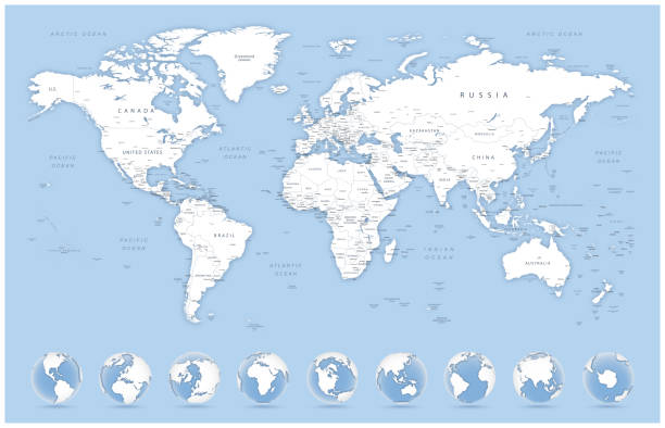 상세한 세계지도와 지구본. 매우 상세한 세계지도 : 국가, 도시, 수역 - northern atlantic stock illustrations