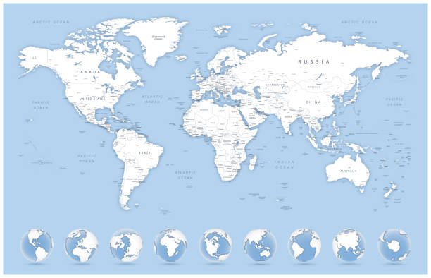 ilustrações, clipart, desenhos animados e ícones de mapa do mundo detalhado e globos. mapa do mundo altamente detalhado: países, cidades, corpos d'água - northern atlantic