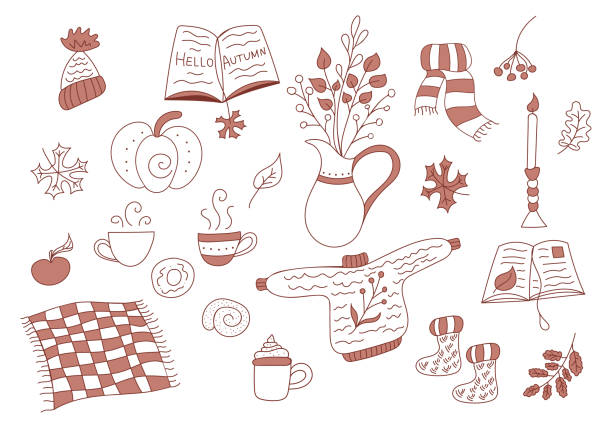Autumn set of leaves, sweets, knitted clothes and books. Cozy autumn. Doodles. Hand drawn. Autumn set of leaves, sweets, knitted clothes and books. Cozy autumn. Doodles. Hand drawn. knitted pumpkin stock illustrations