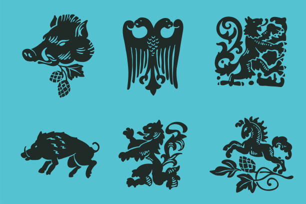 геральдический орел, львы, лошадь и кабан, рисованная иллюстрация в стиле гравюры. векторная эмблема октоберфеста. - german culture illustrations stock illustrations