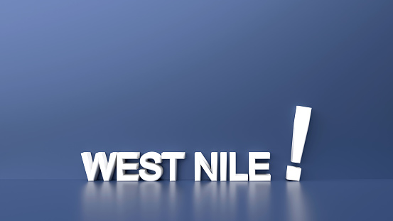 West Nile text on a reflective blue background with exclamation point. Abstract background. Easy to crop for all your social media needs.