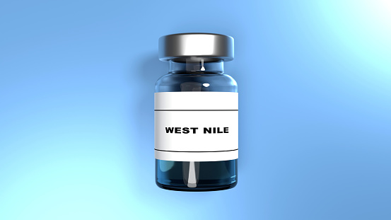 West Nile vaccine in front of a blue background. Covid-19 vaccination, flu prevention, immunization concept. Vial dose and medical syringe. Easy to crop for all social media and print design sizes.