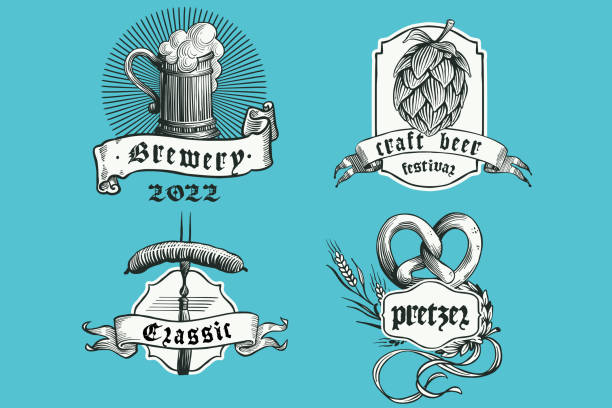 vintage-bier-embleme, handgezeichnete gravur-stil-illustration. oktoberfest-vektor-set. - bayern stock-grafiken, -clipart, -cartoons und -symbole