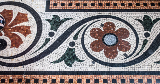 Ancient Roman Mosaic Tile with Black and White Marble, San Lorenzo Cathedral, Genoa, Italy stock photo
