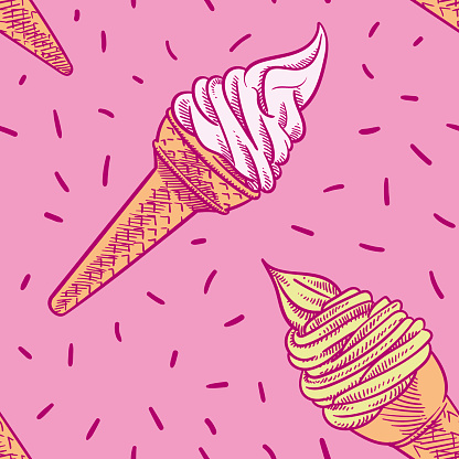 Seamless pattern with ice cream and sprinkles on pink background