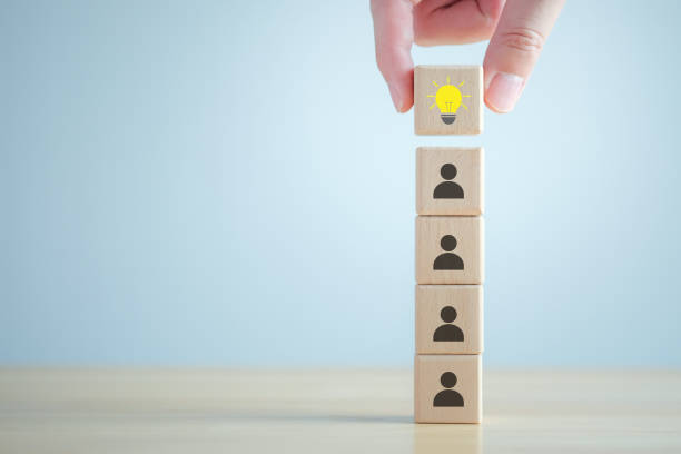 istock Idea. Teamwork. hand holding wooden block with light bulb symbol for create and share idea for team. Social connections. Leader and leadership, coordination. Creativity. 1420112498