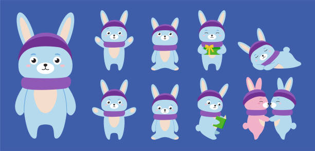 ilustrações de stock, clip art, desenhos animados e ícones de winter set of cute flat rabbits isolated on blue background - color image blue background season animal