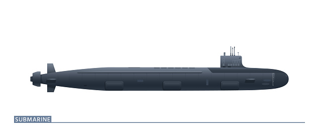 Nuclear attack submarine is in a side view with retractable special devices from the conning tower. Vector illustration