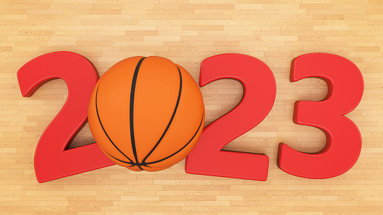 2023 with Basketball Ball on Parquet Floor. 2023 New Year Concept. 3D Render