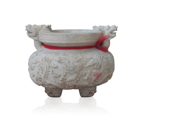 front view white and red big marble pot on white background, decor, object, vintage, copy space