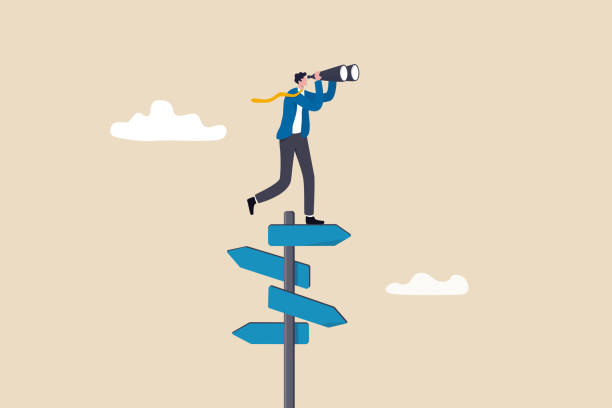 Search for right direction, business opportunity or success way, make decision or career path, vision to see future concept, smart businessman look through spyglass or binoculars to discover solution. vector art illustration