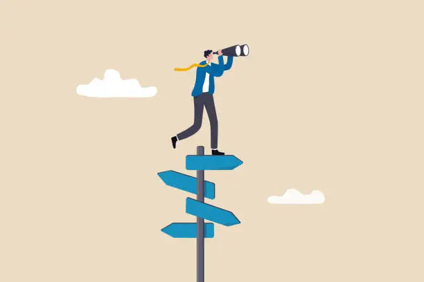 Vector illustration of Search for right direction, business opportunity or success way, make decision or career path, vision to see future concept, smart businessman look through spyglass or binoculars to discover solution.