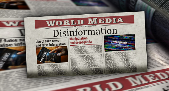 Disinformation fake news, manipulation and propaganda. Newspaper print. Vintage press abstract concept. Retro 3d rendering illustration.