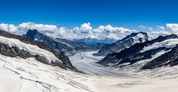 Jungfraujoch, Switzerland - Jul 18 2022: A paranomic view of Aletsch Glacier from Jungfraujoch.