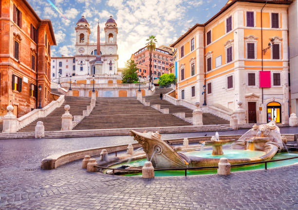 Fountain of the Boat or Fontana della Barcaccia and the Spanish Steps (Piazza di Spagna), Rome, Italy stock photo