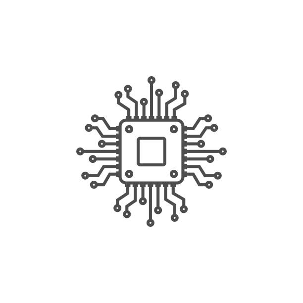 ilustrações, clipart, desenhos animados e ícones de ícone da linha micro chip. cpu design plano. - circuito integrado de computador