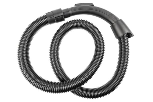 black plastic corrugated vacuum cleaner hose on white background