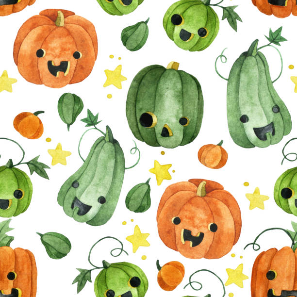 illustrations, cliparts, dessins animés et icônes de motif sans couture à l’aquarelle avec des citrouilles d’halloween. personnages de citrouille mignons, visages drôles. impression d’automne - halloween pumpkin jack olantern industry