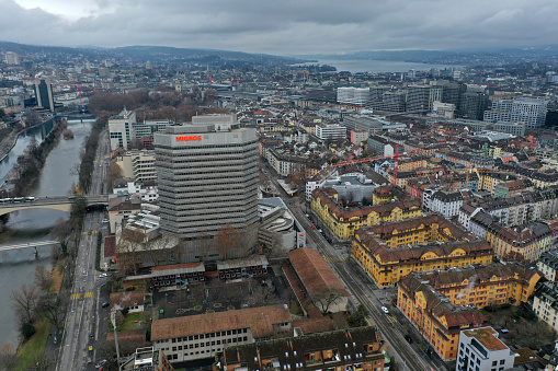 Zurich City panoramic view over the modern parts of the City. On focus the city district 5 with several office buildings, captured during winter season.