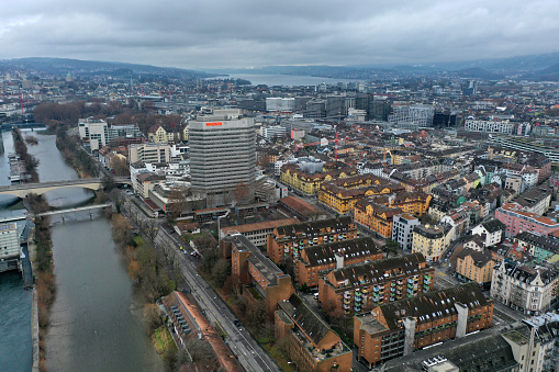 Zurich City panoramic view over the modern parts of the City. On focus the city district 5 with several office buildings, captured during winter season.